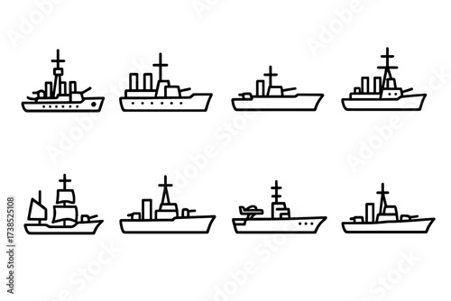 Historical Battleship Icons. Outline icon set of battleship historical: classic battleship, dreadnought, ironclad, battlecruiser, frigate, cruiser, aircraft
