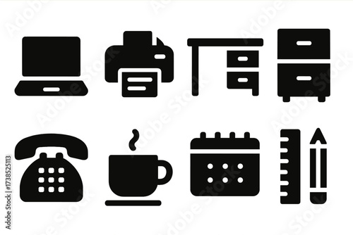Office Equipment Icons. Solid, filled icon set of tycoon office equipment: laptop, printer, desk, filing cabinet, phone, coffee cup, calendar, stationery.