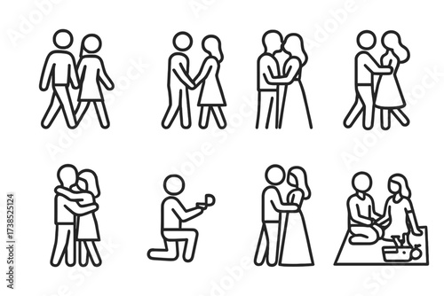 Couple Icons Set. Outline icon set of couples: couple walking, holding hands, kissing, dancing, hugging, proposal, wedding, picnic. Line icons in only black