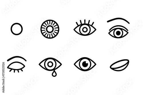 Eye Icon Collection. Outline icon set of deep gaze eye details: pupil, iris, eyelashes, eyebrow, eye shadow, tear drop, eye reflection, contact lens. Line