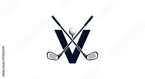 Elegant and Minimalist Golf Logo Featuring Letter V with Crossed Clubs and Golf Ball