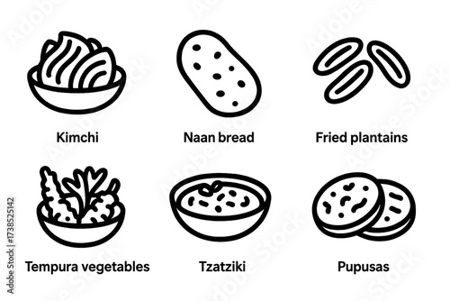Ethnic Side Dishes Icons. Solid, filled icon set of ethnic side dishes: kimchi, naan bread, fried plantains, tabbouleh, baba ganoush, tempura vegetables,
