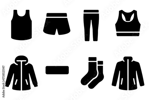 Runner Clothing Icons. Solid, filled icon set of runner clothing: tank top, running shorts, compression leggings, sports bra, windbreaker, sweatband, running