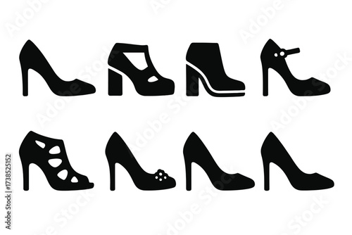 Heel Shoe Icon Set. Solid, filled icon set of heel shoe fashion trends: minimalist, vintage, bold colors, metallic accents, cut-outs, embellishments, mixed