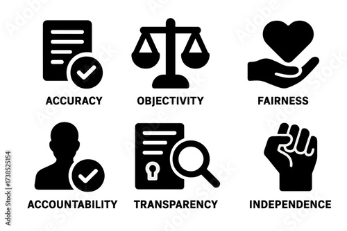 Press Ethics Icons. Solid, filled icon set of press ethics: accuracy, objectivity, confidentiality, fairness, accountability, transparency, privacy,