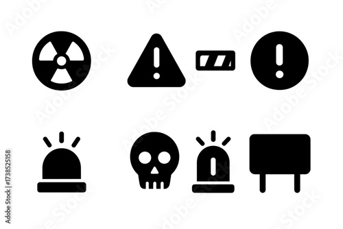 Warning Icon Set. Solid, filled icon set of warning notice: hazard sign, warning triangle, caution tape, alert circle, siren, skull icon, flashing light,