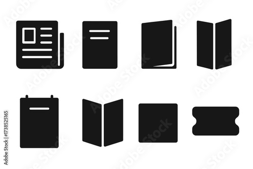 Paper Media Icons. Solid, filled icon set of paper media: newspaper sheet, magazine page, flyer paper, brochure, pamphlet, poster paper, leaflet, ticket paper.