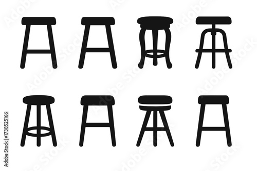 Diverse Stool Icons. Solid, filled icon set of stool styles: modern stool, rustic stool, vintage stool, industrial stool, minimalist stool, Scandinavian stool,