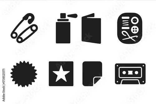 Punk DIY Icons. Solid, filled icon set of punk DIY culture: safety pins, spray paint, zine, sewing kit, patch, stencil, sticker, cassette tape. Solid, filled