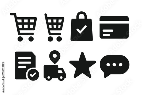 E-commerce Icons Grid. Solid, filled icon set of menu ordering actions: add to cart, remove item, checkout, payment, order confirmation, delivery tracking,