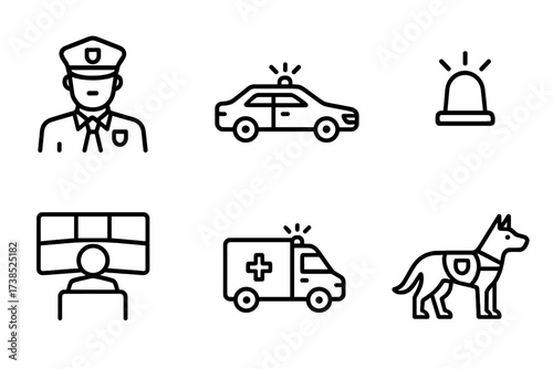 Security Icons Outline. Outline icon set of security services: security guard, patrol car, surveillance drone, alarm system, control room, emergency response,