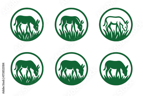 Donkey Emblem Variations. Donkeys Eating Grass. Set Logo of Donkeys: Donkey in circular emblem of grass. harmonious logo variations of the same emblematic