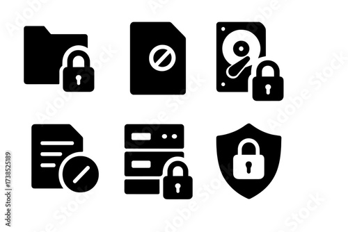Classified Data Icons. Solid, filled icon set of classified data: folder with lock, document with red stamp, hidden file, encrypted disk, secure server, shield