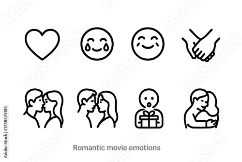 Romantic Emotions Icons. Outline icon set of romantic movie emotions: love heart, tears of joy, shy smile, holding hands, passionate kiss, longing gaze,