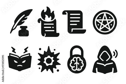 Forbidden Spellcraft Icons. Solid, filled icon set of forbidden spellcraft: soul ink quill, burning scroll, invisible text, glowing sigil, cursed incantation,