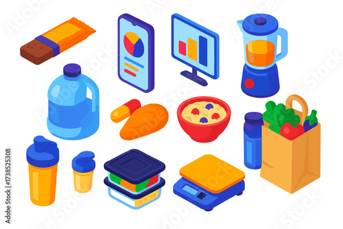 Fitness Nutrition Icons. Isometric vector illustration set Fitness Nutrition: protein bar, calorie counter app, macro tracking