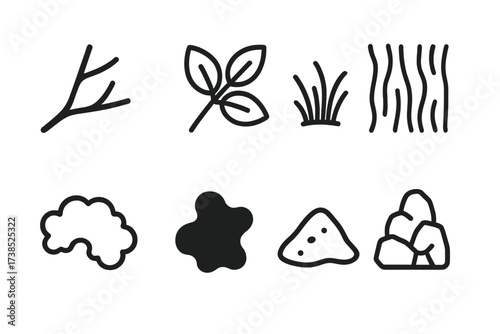 Natural Camouflage Icons. Outline icon set of natural camouflage elements: tree branch, leaf cluster, grass tuft, bark texture, moss patch, shadow silhouette,