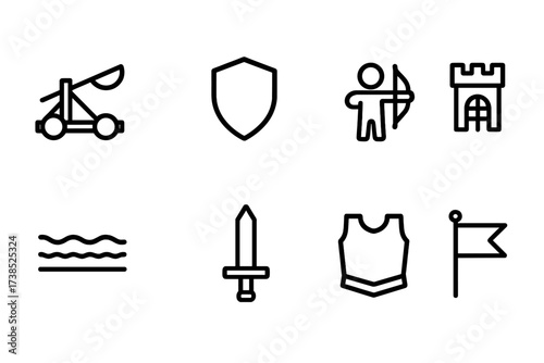 Tower Defense Icons. Outline icon set of tower defense elements: catapult, shield, archer, gate, moat, sword, armor, flag. [Line icons in only black color,