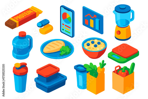 Fitness Nutrition Icons. Isometric vector illustration set Fitness Nutrition: protein bar, calorie counter app, macro tracking