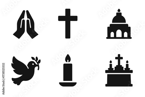 Religious Symbols Icons. Solid, filled icon set of respect in religion: praying hands, cross, mosque, temple, peace dove, candle, open book, altar. Solid,