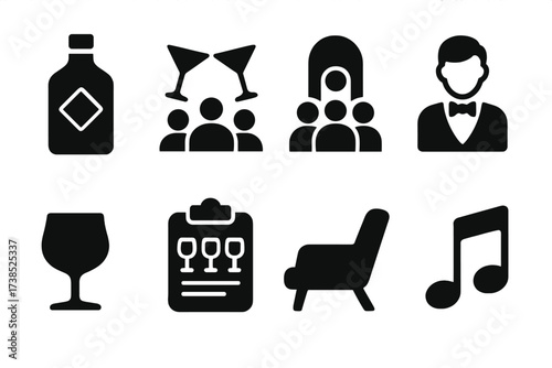 Gin Icon Set. Solid, filled icon set of gin cultural elements: gin bottle label, cocktail party, speakeasy, bartender, vintage glassware, tasting event, lounge