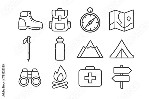 Outdoor Adventure Icons. Hiking and outdoor adventure guide services. Line icon set of hiking and outdoor adventure guide services: hiking boot, backpack,