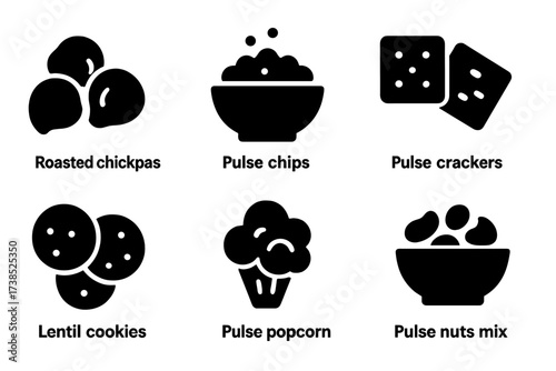Pulse Snack Icons. Solid, filled icon set of pulse-based snacks: roasted chickpeas, spiced lentils, pulse chips, bean crackers, lentil cookies, pulse popcorn,