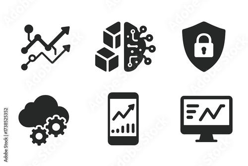 Wall Street Tech Icons. Solid, filled icon set of Wall Street technology: trading algorithm, blockchain, AI analytics, cybersecurity, cloud computing, mobile