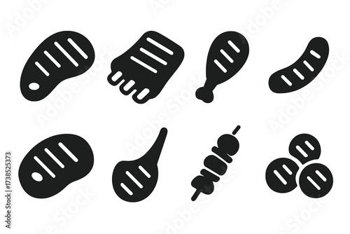 Grilled Meats Icons. Solid, filled icon set of grilled meats: grilled steak, grilled ribs, grilled chicken leg, grilled sausage, grilled pork chop, grilled