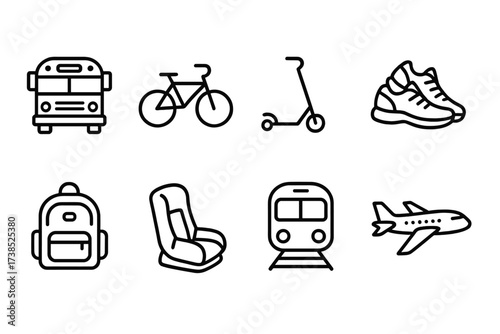 Transport Icons Set. Outline icon set of stepsiblings travel and transportation: school bus, bicycle, scooter, walking shoes, backpack, car seat, train,