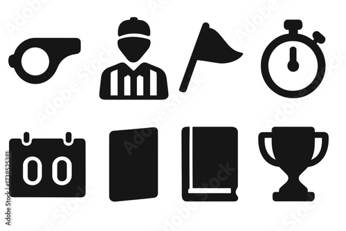 Sports Rules Icons. Solid, filled icon set of sports rules and regulations: whistle, referee, penalty flag, stopwatch, scoreboard, red card, rulebook, trophy.