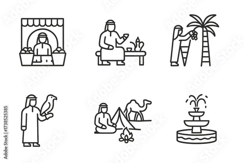 Saudi Life Icons. Outline icon set of Saudi daily life: Market souk, Traditional coffee house, Camel caravan, Date harvesting, Falconry, Desert camping, Sand