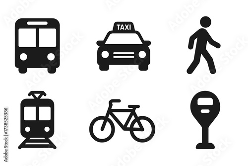 Urban Transport Icons. Solid, filled icon set of urban transportation: bus, taxi, bicycle, pedestrian, tram, scooter, metro station, parking meter. Solid,