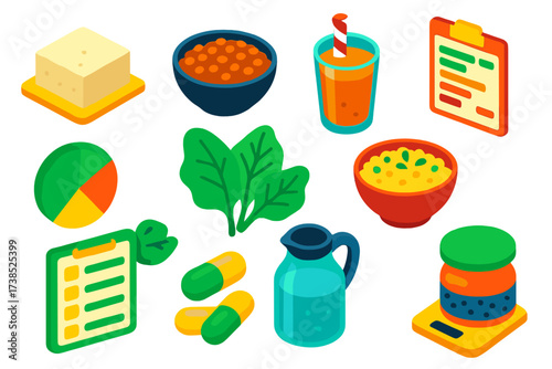 Vegan Nutrition Icons. Isometric vector illustration set Vegan Nutrition: tofu block, lentil bowl, smoothie glass, calorie chart,