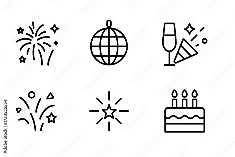 Fototapeta premium Celebration Icons Set. Outline icon set of glitter celebrations: fireworks, disco ball, champagne glass with sparkle, party popper, confetti, star burst,