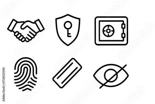 Trust Icons Set. Outline icon set of trust and confidentiality: handshake, shield with key, safe vault, sealed envelope, fingerprint, confidential stamp, eye