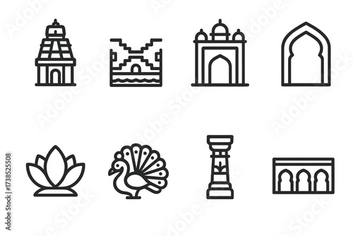 Indian Architecture Icons. Outline icon set of Indian architecture: temple tower, stepwell, palace gate, archway, lotus dome, peacock motif, carved pillar,