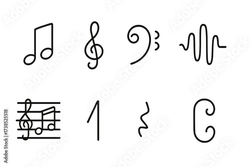 Music Icon Set. Outline icon set of song symbols: musical note, treble clef, bass clef, sound wave, music bar, tempo symbol, rest note, chord symbol. Line