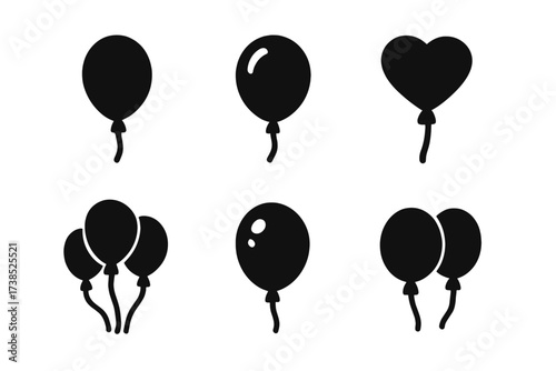 Balloons Logo Grid. Birthday surprise parties for friends. Set Logo of Balloons: Balloons. Filled silhouette, Stylized detail, Negative space, Minimal outline,