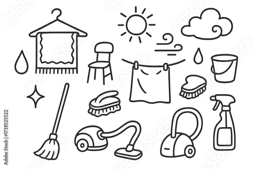 Carpet Care Icons. Hand-drawn doodle illustration Carpet drying and airing rug, hanger, clothesline, sun, cloud, wind swirl, droplet, chair, bucket, cloth,
