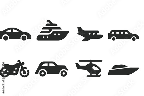 Luxury Vehicle Icons. Solid, filled icon set of luxury vehicles: sports car, yacht, private jet, limousine, motorcycle, vintage car, helicopter, speedboat.
