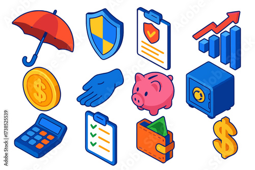 Financial Security Icons. Isometric vector illustration set Savings and Protection: umbrella, shield, insurance claim, upward
