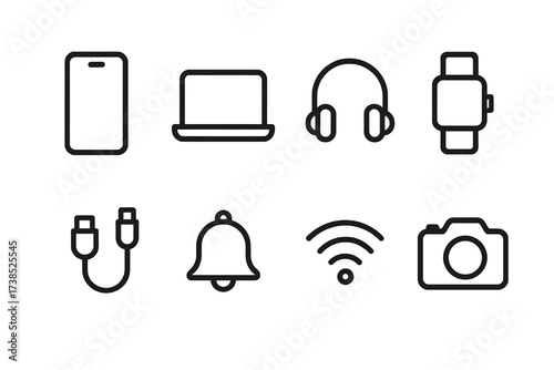 Midnight Tech Icon Set. Outline icon set of midnight technology use: smartphone, laptop, headphones, smart watch, charging cable, notification bell, wireless