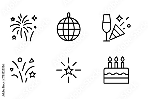 Celebration Icons Set. Outline icon set of glitter celebrations: fireworks, disco ball, champagne glass with sparkle, party popper, confetti, star burst,