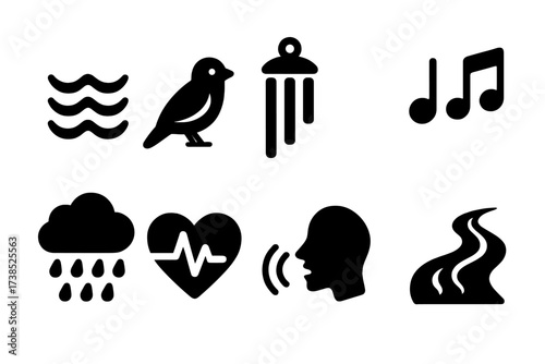 Soothing Sounds Icons. Solid, filled icon set of soothing sounds: ocean waves, birds chirping, wind chimes, soft music notes, rain, heartbeat, whisper, flowing
