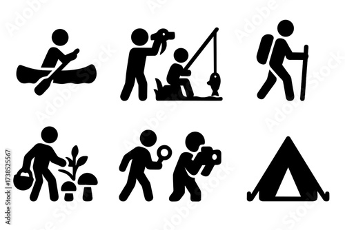 Swamp Activity Icons. Solid, filled icon set of swamp activities: canoeing, bird watching, fishing, hiking, foraging, exploring, photography, camping. Solid,