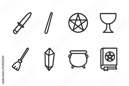 Magical Tool Icons. Outline icon set of magical tools: athame, wand, pentacle, chalice, broom, crystal, cauldron, book of shadows. [Line icons in only black