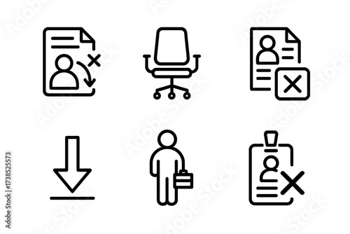 Unemployment Icon Set. Outline icon set of unemployment: job termination, empty chair, rejected application, down arrow, unemployed person, resume with cross,