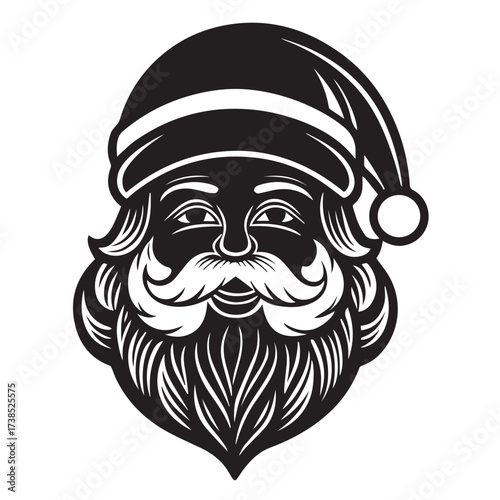 A black and white vector illustration of santa claus isolated on white background, showcasing his iconic hat, beard, and jolly expression, perfect for christmasthemed designs and holiday greetings