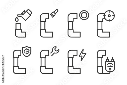 Periscope Maintenance Icons. Outline icon set of periscope maintenance: lubrication, cleaning brush, lens replacement, calibration, protective sealing,